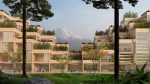 Boxy, stacked residential units with Mount Fuji in the background