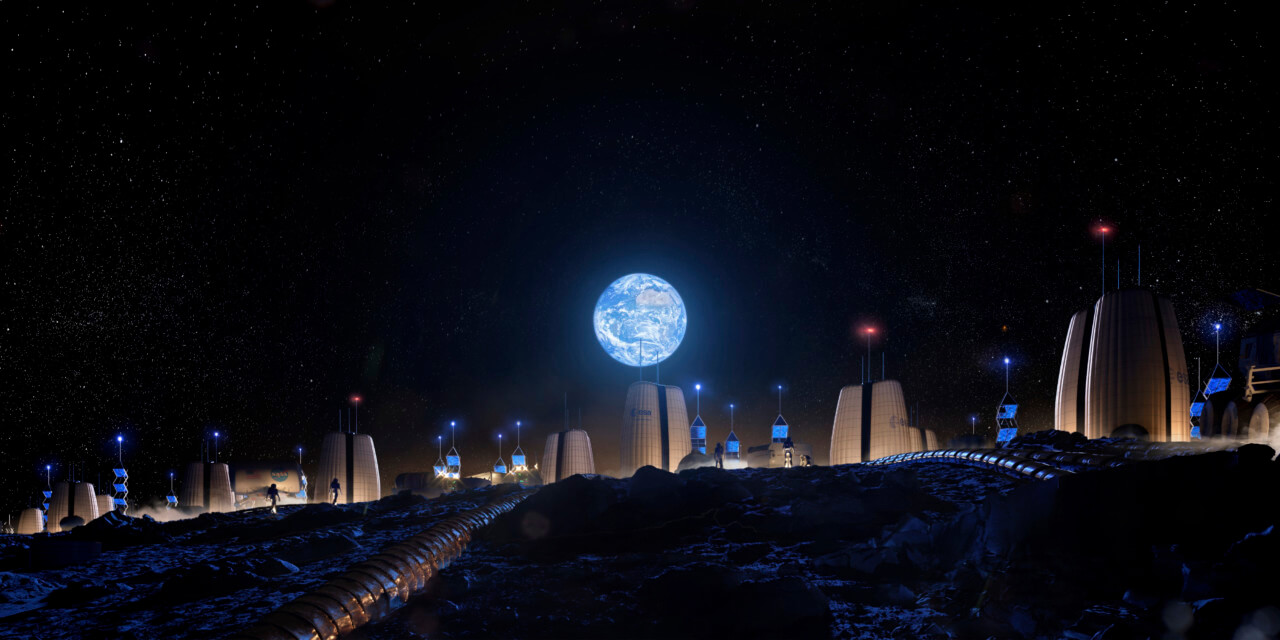 Rendering of a moon city made of triangular structures with the earth hanging above