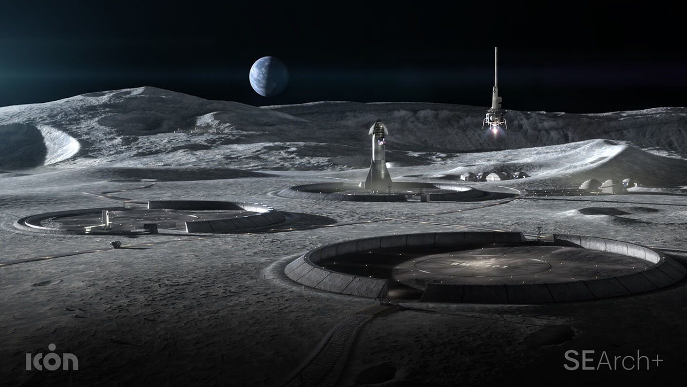 Rendering of a lunar colony with circular buildings for project olympus