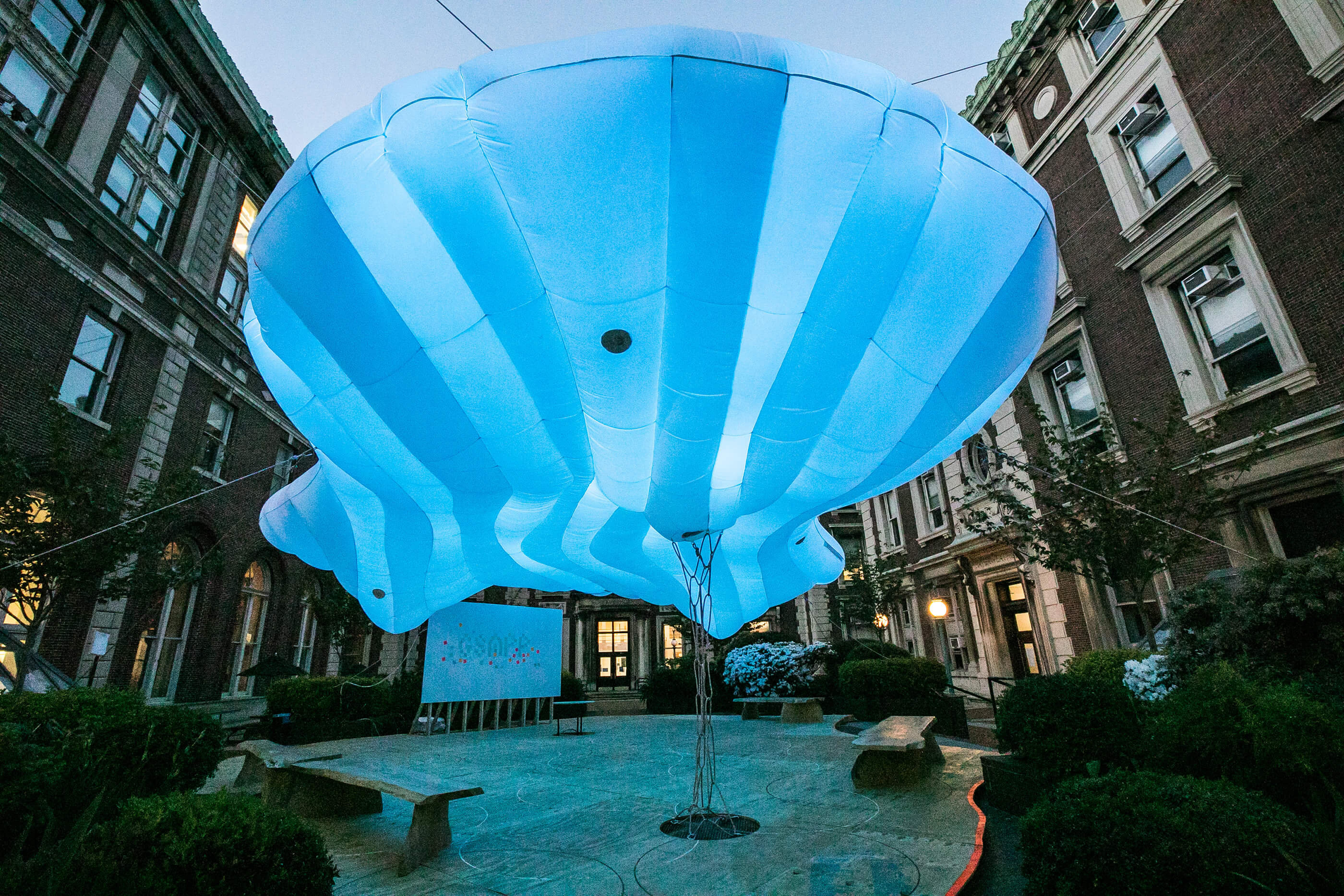 an inflatable canopy with blue lights inside