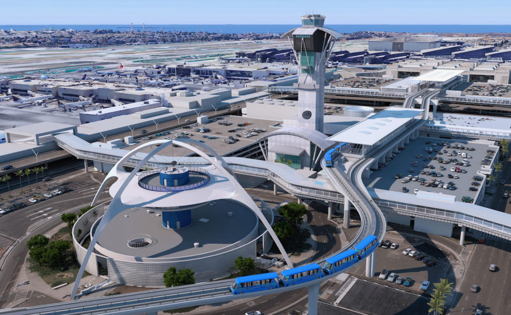 A render of a blue elevated train snaking through LAX.