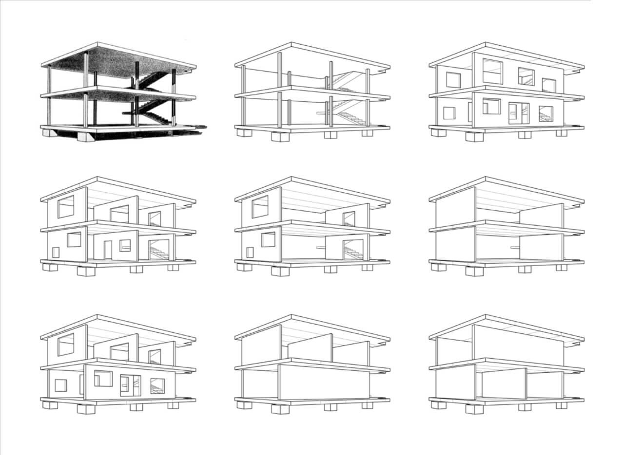 A sheet of maison dom ino rendered in timber configurations from jennifer bonner