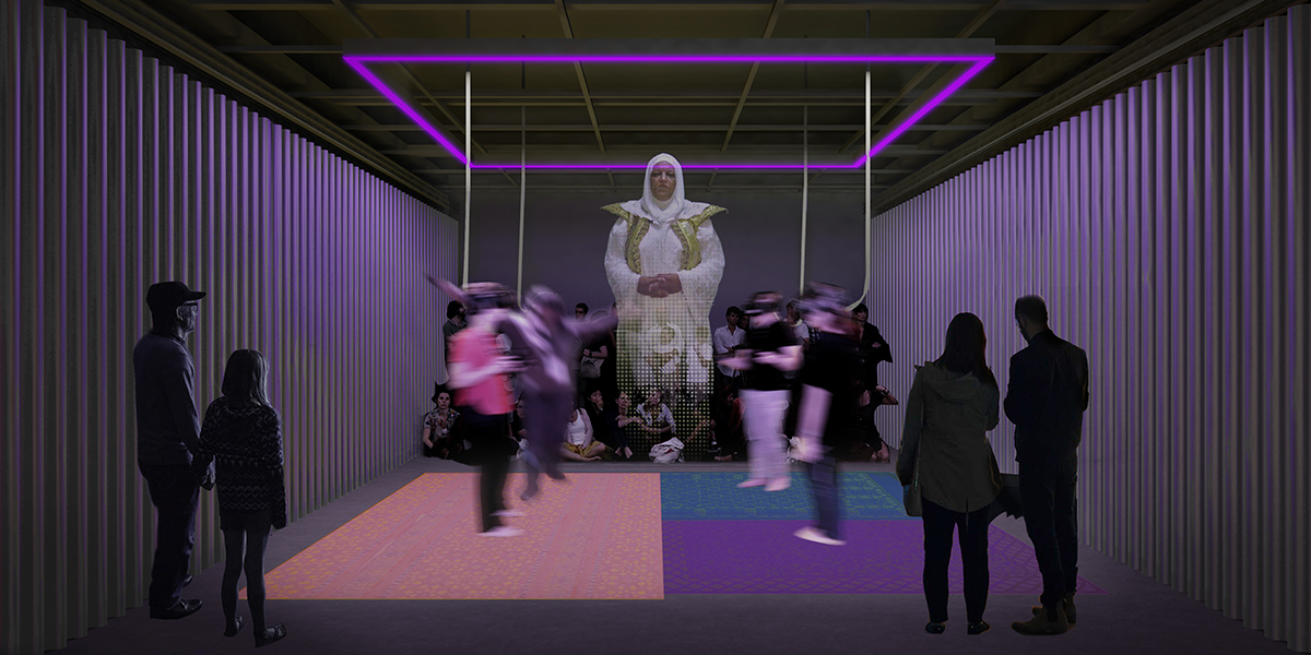 A render of an enclosed space with people with VR headsets and a hologram-like figure in the center.