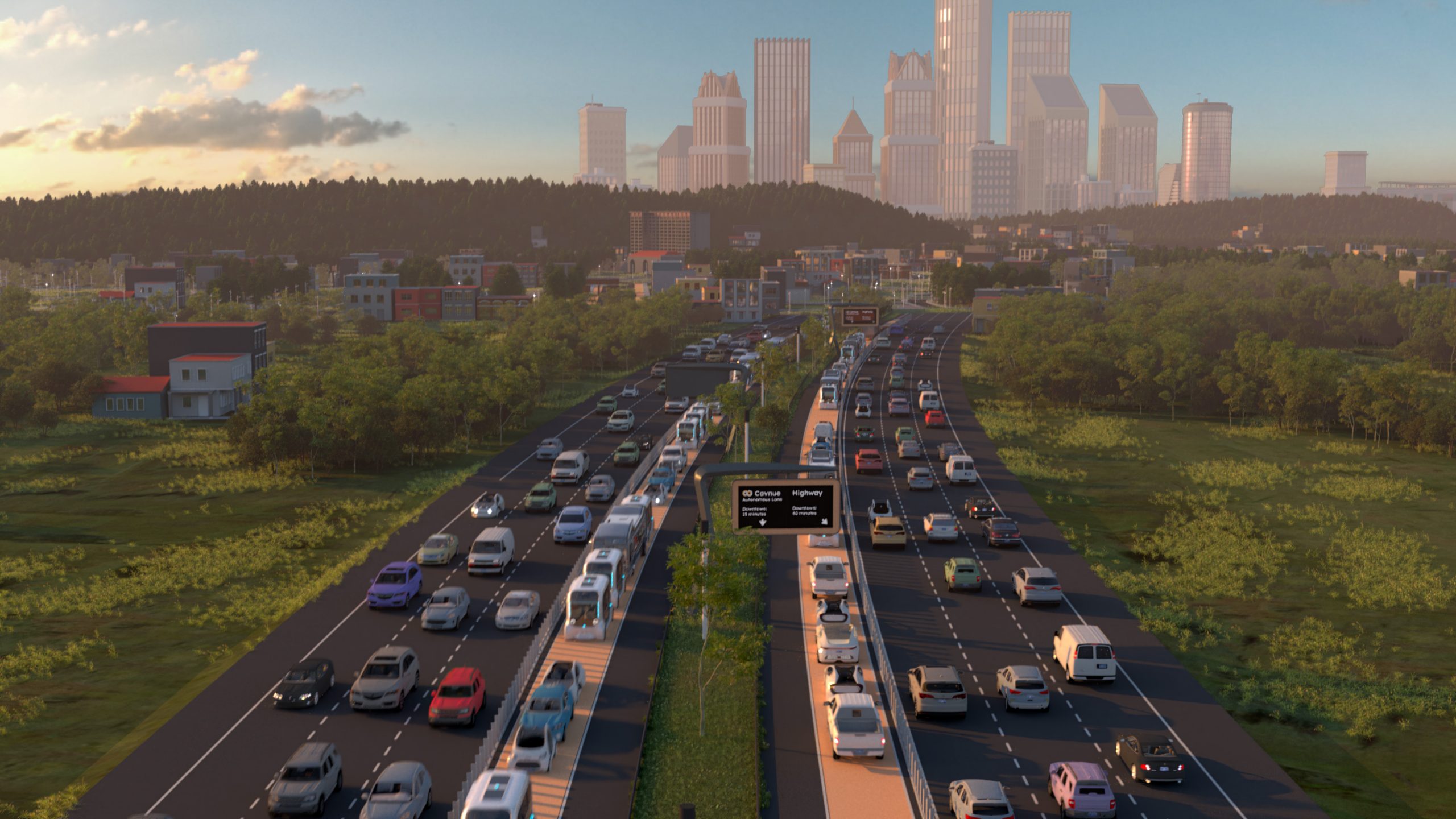 Rendering of a corridor between highways with autonomous vehicles