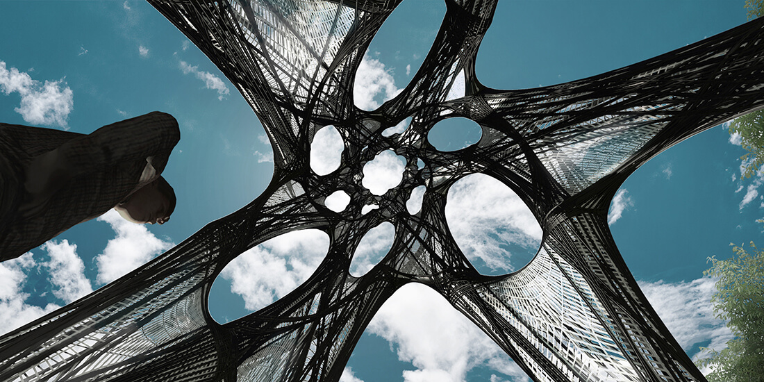 An upward shot of an interlocking, biomorphic fiber structure presented at Exhibit Columbus