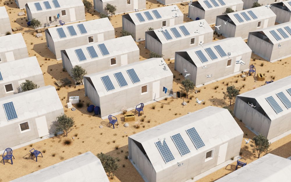 A render of gray refugee housing in rows topped with solar panels.