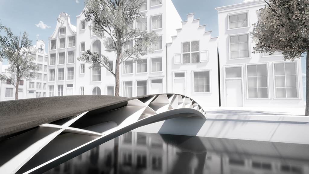 A render of a pedestrian bridge stretching over a canal.