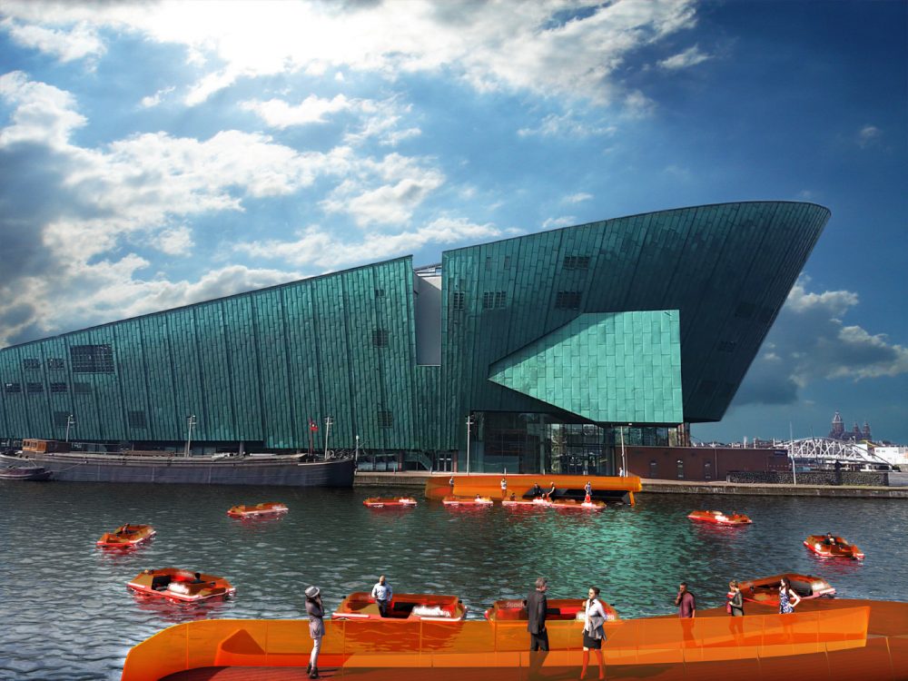 Orange boats in front of a large swooping blue-green building.